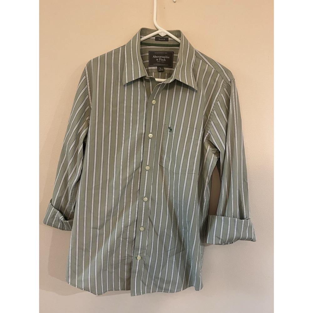 Abercrombie & Fitch Mens L Green Stripe Shirt‎ Y2K Hong Kong Moose